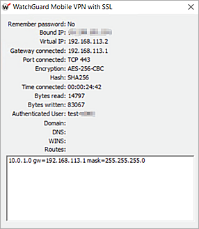 Screenshot of the Mobile VPN with SSL properties to show a successful login.